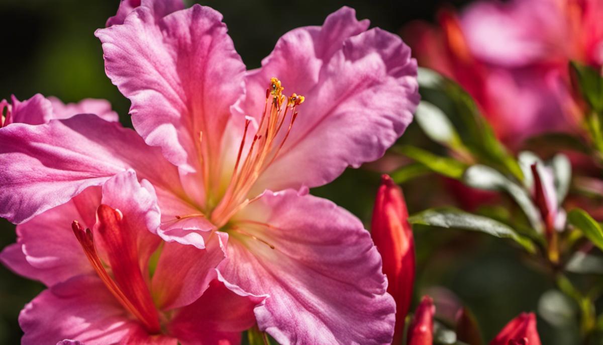 Close-up image of vibrant azalea flowers blooming in a garden landscape
