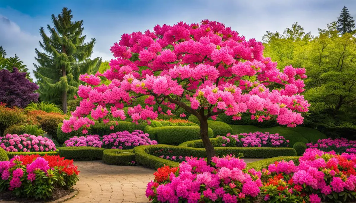 A vibrant blooming Azalea tree with colorful flowers in a garden
