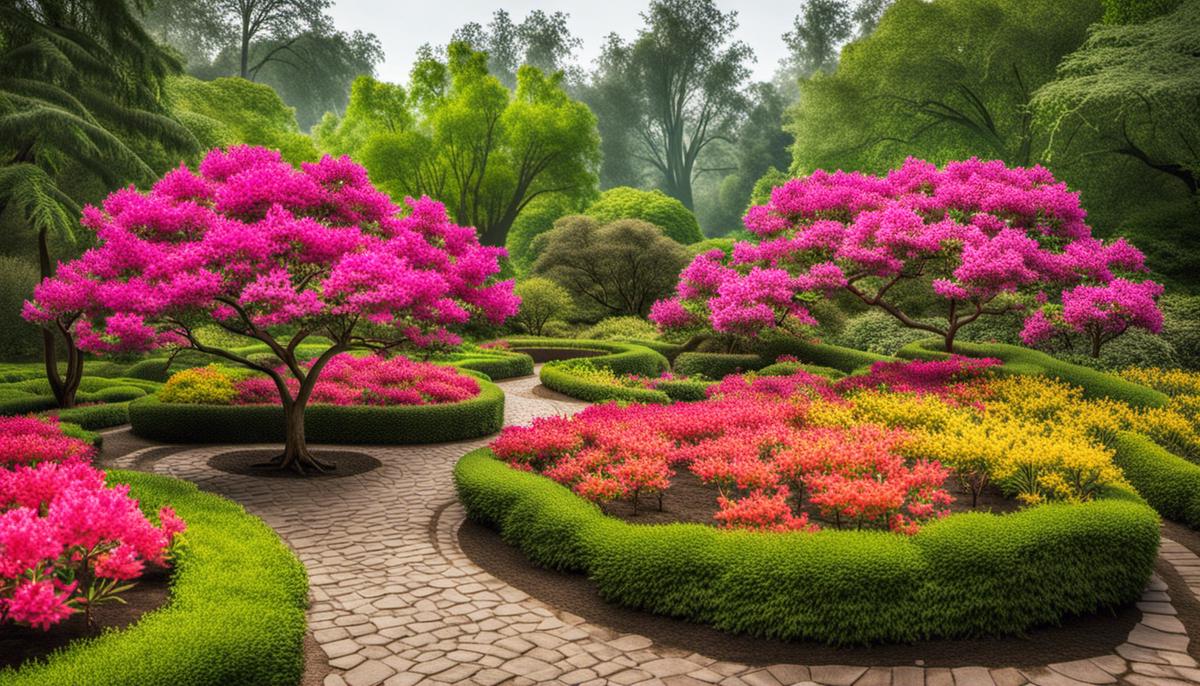 Image of healthy azalea trees in colorful bloom, surrounded by well-drained yet moist soil rich in organic materials