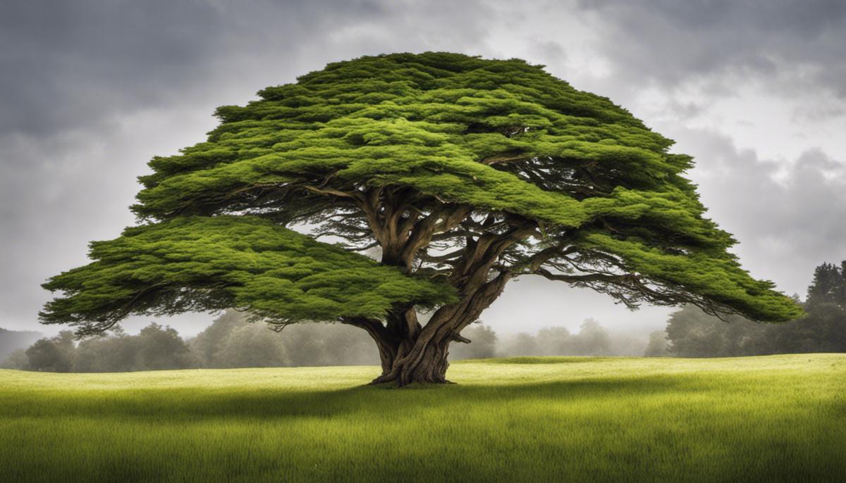 A majestic cedar tree with green foliage and tapering conical shape standing tall in a landscape.